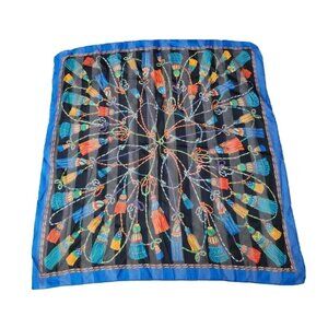 VTG Challis BERKSHIRE Blue Coral Tassel Print Square Neck Scarf Made Italy 30”